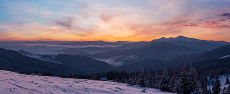 Picturesque winter alps sunrise. Highest ridge of the Ukrainian Carpathians is Chornohora with peaks of Hoverla and Petros mountains. View from Svydovets ridge and Dragobrat ski resort.の写真素材
