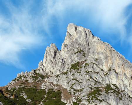 Sunny colorful autumn alpine Dolomites rocky  mountain scene, Sudtirol, Italy. Peaceful view from Falzarego Pass.の写真素材
