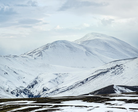 Colorful Landmannalaugar mountains under snow cover in autumn, Icelandの写真素材
