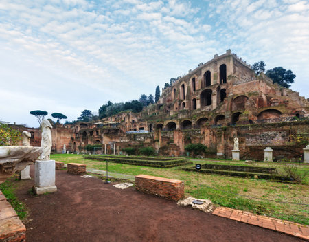 Former gardens of House of Vestal Virgins in front of granary ruins, Roman Forum, Rome, Italy, Europe.の写真素材