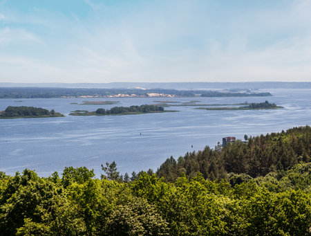 Dnipro river shores summer landscape, Kaniv water Reservoir, Kyiv Region, Ukraine.の写真素材