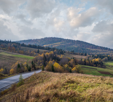 Hazy and overcast Carpathian Mountains and highway on mountain pass, Ukraine.の写真素材