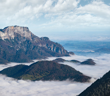 Autumn Alps mountain misty morning view from Jenner Viewing Platform, Schonau am Konigssee, Berchtesgaden national park, Bavaria, Germany.  Picturesque traveling, seasonal and nature beauty scene.の写真素材