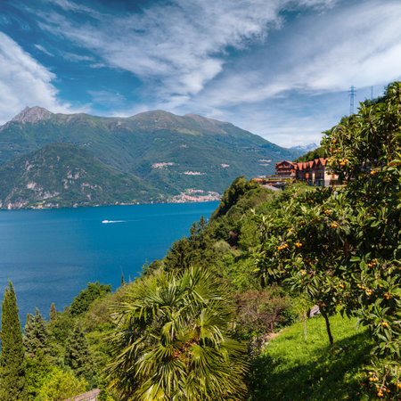 Alpine Lake Como summer view from shore (Italy)の写真素材