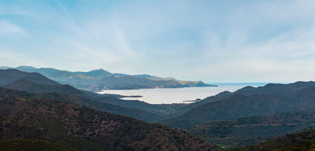 Panoramic top view of Cadaques bay (Spain) from mountain pass.の写真素材