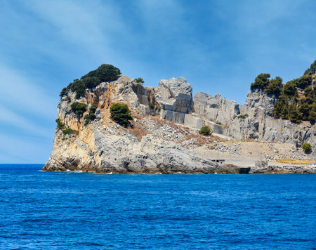 Rocky sea coast and quarry on Palmaria island near Portovenere (Gulf of Poets, Cinque Terre National Park, La Spezia, Liguria, Italy).の写真素材