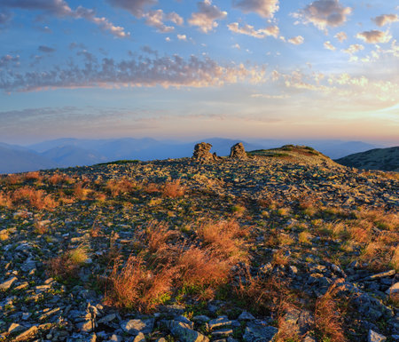 Summer morning Carpathian mountain top view from stony summit of Ihrovets Mount (Gorgany, Ukraine).の写真素材