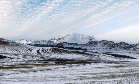Colorful Landmannalaugar mountains under snow cover in autumn, Icelandの写真素材