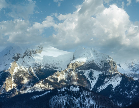 Winter mountain landscape with fir forest on slope (Slovakia, High Tatras).の写真素材