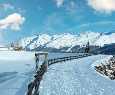 Winter mountain landscape with lake. Kappl ski region in the Tyrolean mountains, Austria.の写真素材