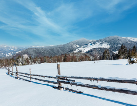 Picturesque winter sunny day Carpathian mountain view from Skupova mountain slope, Ukraine. View to Kostrych mountain ridge and Kostrycha top.の写真素材