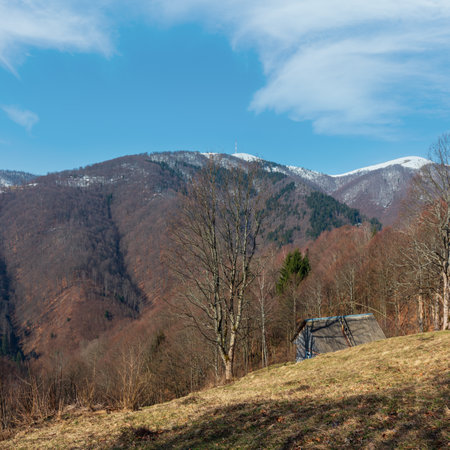 Early spring Carpathian mountains plateau landscape with snow-covered ridge tops in far, Ukraine.の写真素材