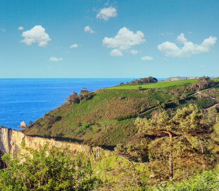 Summer evening top view on Atlantic coast (near Del Silencio beach), Asturias, Spain.の写真素材