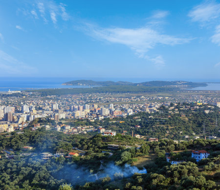 Adriatic sea coast and morning top view on Vrore town (Albania).の写真素材