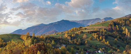 Autumn morning Carpathian Mountains calm picturesque scene, Ukraine. Peaceful traveling, seasonal,...