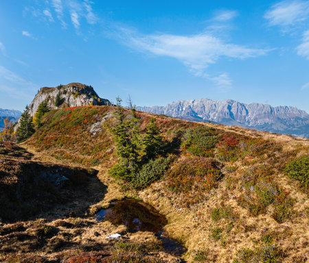 Sunny idyllic autumn alpine scene. Peaceful Alps mountain view from hiking path from Dorfgastein to Paarseen lakes, Land Salzburg, Austria. Picturesque hiking seasonal, nature beauty concept scene.の写真素材