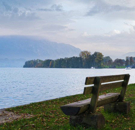 Autumn Alps mountain lake Attersee view, Salzkammergut, Upper Austria.の写真素材