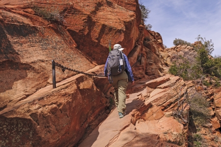 Hiker on the Angel s Landing Trailの写真素材