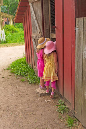 Twin Sisters Looking to See What is in the Barn at Spring Valley Nature Center in Schaumburg, Illinoisの写真素材
