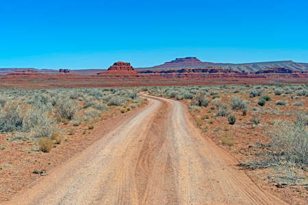 Dirt Road into the Red Rocks Country in the Valley of the Gods in Utahの写真素材