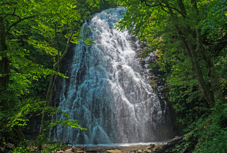 Dramatic Crabtree Falls Hidden in the Forest Along the Blue Ridge Parkway in North Carolinaの写真素材