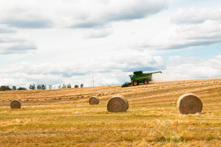 Rural scene in the agricultural field of green combine harvesting fescue on horizon and round bales in foreground.の写真素材