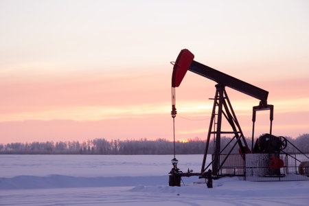 One red pump jack in the agricultural field covered with snow in winter in the sunset time.の写真素材