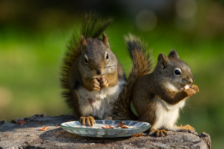 Mother and a baby of American red squirrel are sitting on the stump and eating peanuts at the feeder in the park in summer.の写真素材