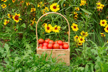 Little square wicker basket with red cherry tomatoes is on the ground in grass near blooming flowers of coreopsis.の写真素材