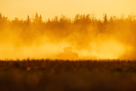Agricultural field in the orange sunset light, silhouette of tractor seeding in dense dust.の写真素材