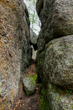 Huge rocks structures geological site in the place of ancient prehistoric ocean trench, nestled within a green forested environment. Rim rocks formationの写真素材
