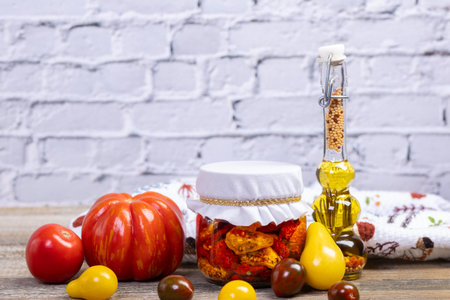 Glass jar with sun dried red, black and yellow cherry tomatoes in olive oil and with herbs on the rustic brown wooden table. A bottle with oil and herbs, and various tomatoes on the background.の写真素材