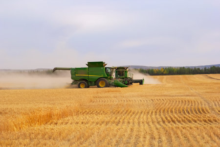 Spirit River, Alberta, Canada - September 12, 2025: Green combines harvester S780 are harvesting...