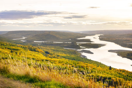 View from the hill to the river down in the valley surrounded with forests with yellow and green autumn foliage. Sagitawa lookout, Peace River, Alberta, Canada.の写真素材