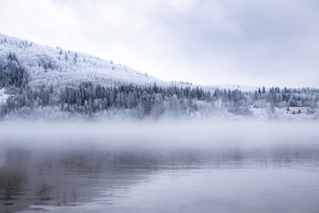 Winter frosty landscape, foggy river among white forests covered with hoarfrost, view from the rocky bank. Peace River, Alberta, Canada.の写真素材