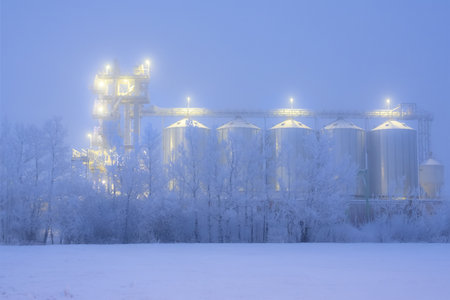 Grain elevator steel plant in frosty foggy winter night, lights are on, white trees covered with hoarfrost.の写真素材
