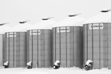Spirit River, Alberta, Canada - December 26, 2025: Darmani steel grain bins with inspection hatch, temperature monitoring system and top lid storing seeds in cold frosty winter. Snowbanks in the farm and on granaries after snowfall.のeditorial素材