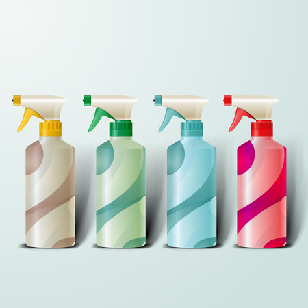 Mockup template for branding and product designs. Isolated realistic plastic bottles with dispenser spray and unique geometric design.のイラスト素材