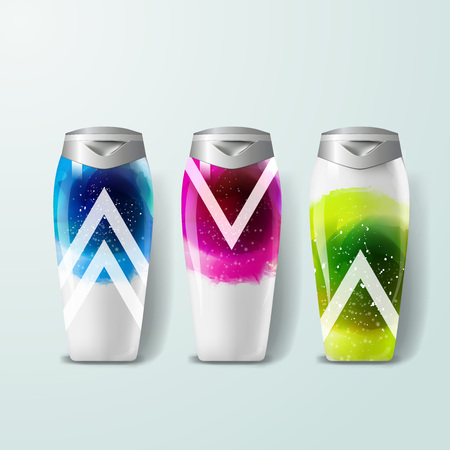 Mockup template for branding and product designs. Isolated realistic plastic bottles with unique geometric design.のイラスト素材