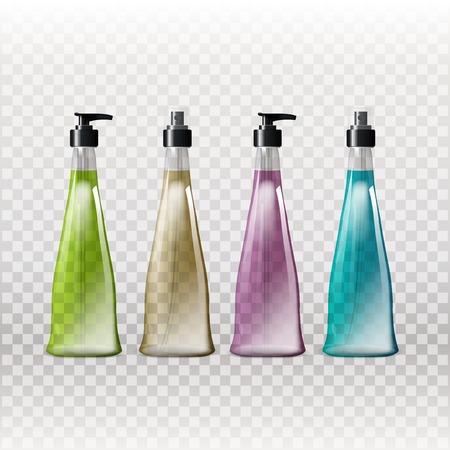 Mockup template for branding and product designs. Isolated realistic transparent glass bottles with dispenser spray and unique design. Easy to use for advertising branding and marketing. eps 10のイラスト素材