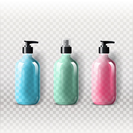Mockup template for branding and product designs. Isolated realistic transparent glass bottles with dispenser spray and unique design.のイラスト素材