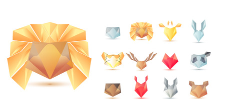 Big set of polygonal geometric multicolor animals head symbol shapes. Trendy icons and logotypes. Business signs symbols, labels, badges, frames and bordersのイラスト素材