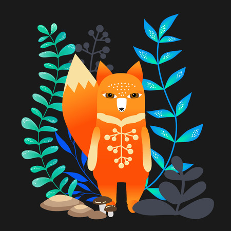 Colorful vector Illustration with cute Fox and flowers for for design and decor. Oriental style.のイラスト素材