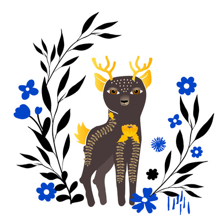 Colorful vector Illustration with cute deer and flowers for for design and decor. Oriental style.のイラスト素材