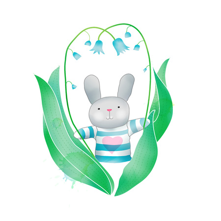 Vector Watercolor Floral background With Hand Painted bunny. Watercolor valentine card. Text Frame. Template for wedding, valentine dayのイラスト素材