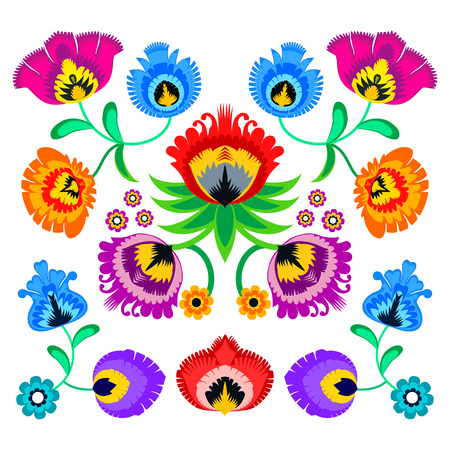 Folk embroidery ornament with flowers. Traditional polish pattern decoration - wycinanka, Wzory Lowickie. Vectorのイラスト素材