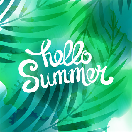 Hello Summer. Unique quote with watercolor background, hand drawn with brush. It can be used for t-shirt print, bags, poster.Vector Illustrationのイラスト素材
