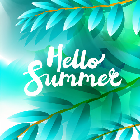 Hello Summer. Unique quote hand drawn with watercolor floral background. It can be used for t-shirt print, bags, poster. Vector Illustrationのイラスト素材
