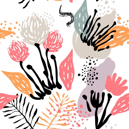 Vector stylized seamless pattern background hand-drawn illustration. Simple shape, bright pattern. Naive art style. eps10のイラスト素材