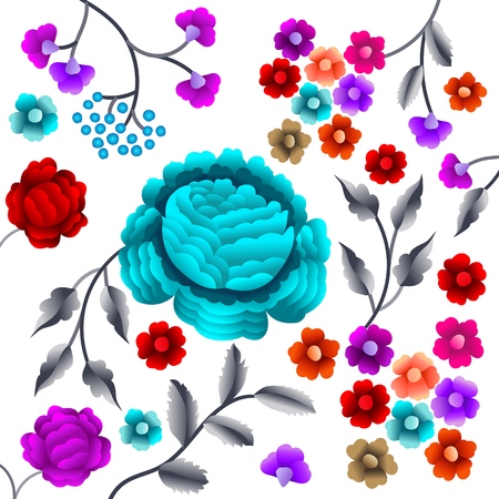 Vector Ancient Oriental folk motif of flowers. Manton shawl, Spanish Manila flamenco decorative embroidery ornament. Traditional handmade embroidery.のイラスト素材